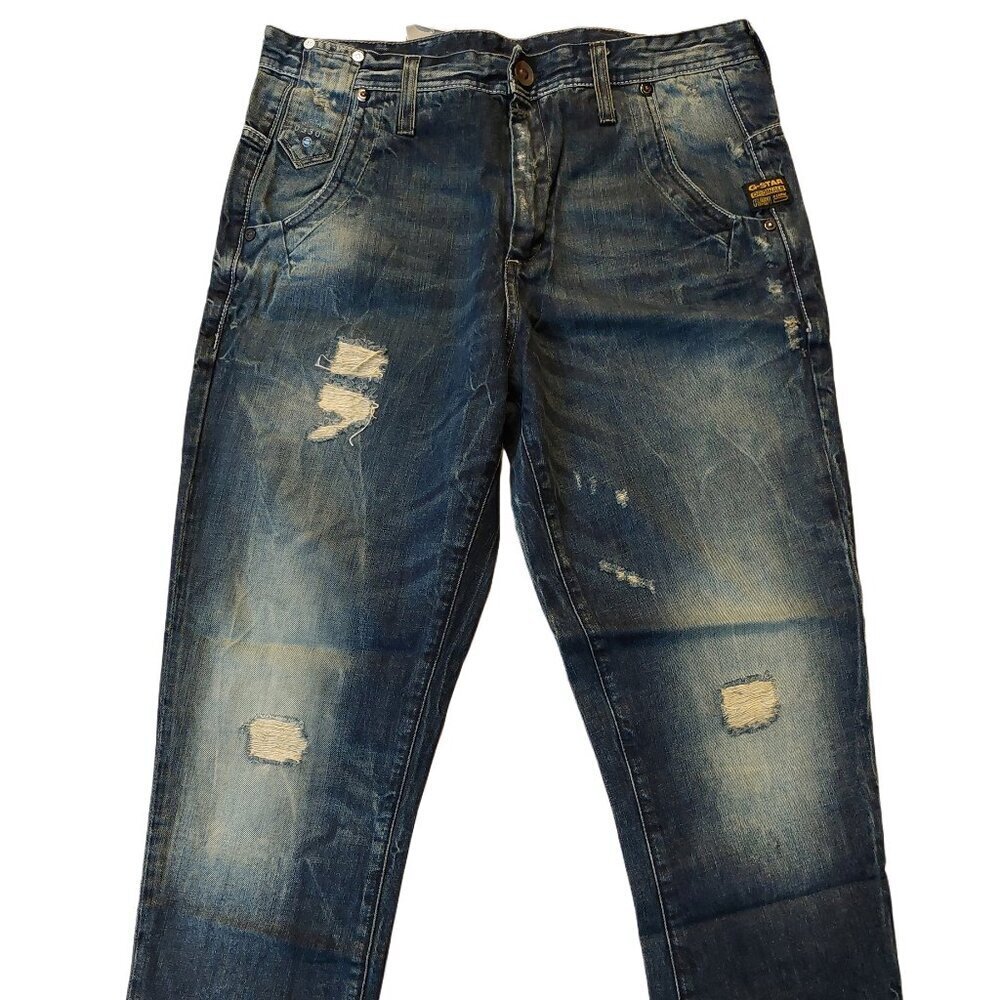 Retro Vintage G-Star Raw Lynn Loose Tapered Destroyed Denim Blue Jeans Sz 26 NWT